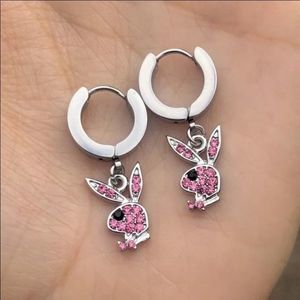 Pink rhinestone playboy bunny hoop dangling earrings